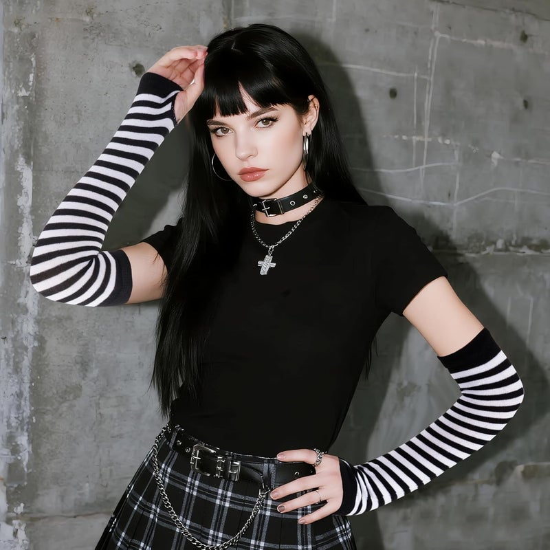 Nydotd Fingerless Long Sleeve Mittens Gloves Y2K Kawaii japanese harajuku Gothic Punk Knitted Striped Arm Warmer for Women - Image 3